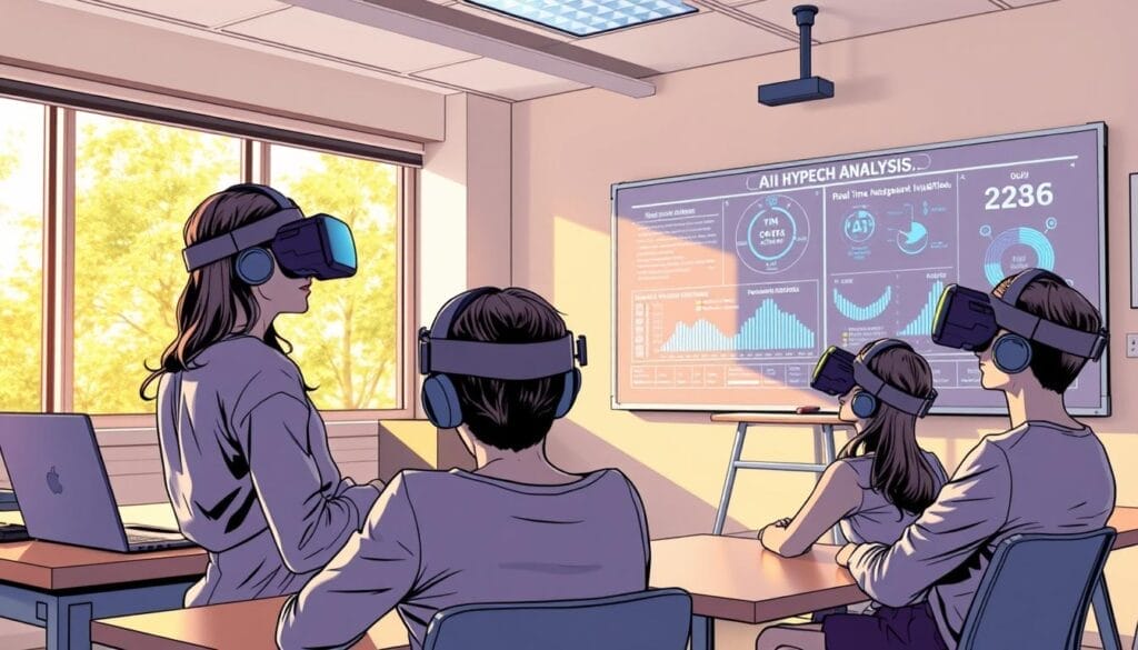 A VR classroom setting with a teacher's desk, whiteboard, and students using Hyperspace VR headsets. The room is well-lit with natural light filtering in through large windows. The teacher's desk features a laptop and a Hyperspace VR controller. The students are engaged, their faces illuminated by the glow of the VR displays. AI speech analysis visualizations are projected on the whiteboard, showcasing real-time insights and analytics. The overall atmosphere is one of immersive learning and cutting-edge technology.