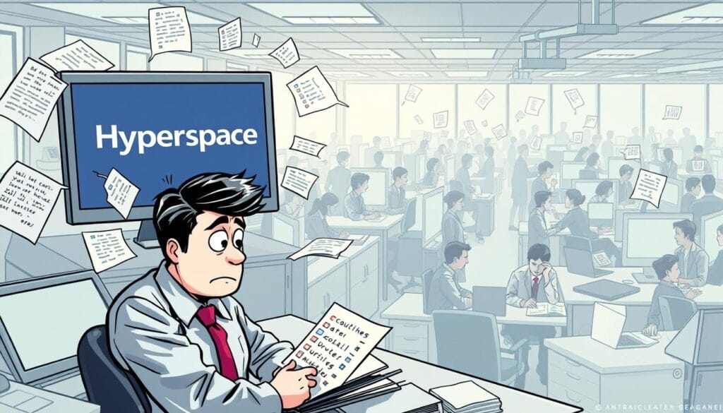 A bustling office setting, with a large desktop computer screen displaying the Hyperspace logo, showcasing the common challenges of traditional onboarding processes. In the foreground, a frustrated employee navigates a complex web of paperwork and disjointed instructions, struggling to acclimate to their new role. The middle ground depicts a team of new hires, each facing their own unique onboarding hurdles, from outdated training materials to disconnected communication channels. The background offers a sense of corporate chaos, with overflowing in-trays and a maze of cubicles, reflecting the overwhelming nature of the traditional onboarding experience. Soft, diffused lighting creates a pensive atmosphere, emphasizing the need for a more streamlined, interactive onboarding solution.