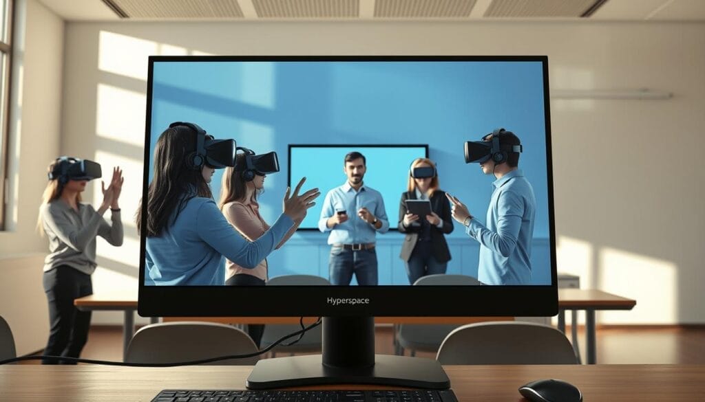 A classroom setting with learners engaged in immersive VR communication practice. The scene is displayed on a Hyperspace brand desktop computer. Soft natural lighting illuminates the space, creating a warm, inviting atmosphere. In the foreground, a group of students wearing VR headsets and hand controllers, gesturing and interacting with virtual avatars. The middle ground shows an instructor monitoring their progress on a tablet device. The background depicts a minimalist, modern interior design with clean lines and neutral tones. The overall mood conveys a sense of focused, collaborative learning in a technologically advanced environment.