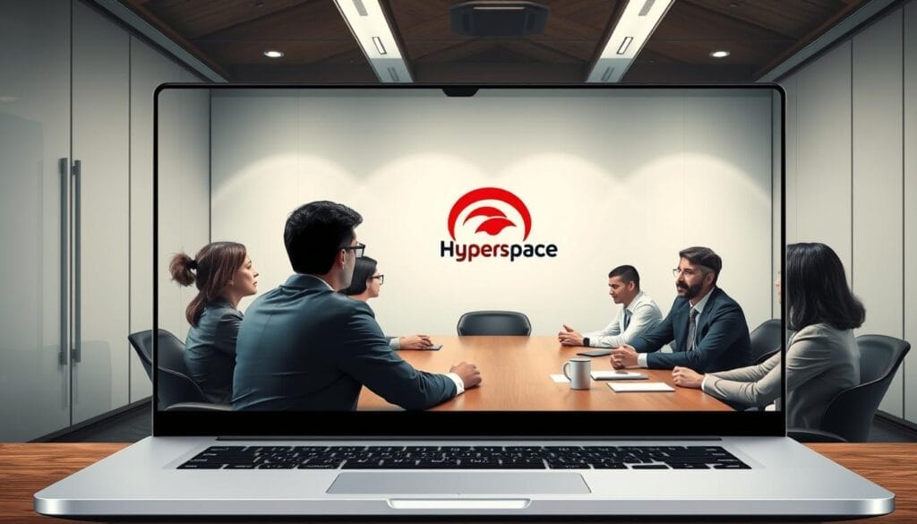 A corporate conference room, the walls adorned with the "Hyperspace" logo, where a group of employees engage in a lively conflict resolution training session. The scene is captured in a sleek, minimalist desktop or laptop display, with soft, natural lighting filtering through the windows. The trainees, dressed in professional attire, sit around a polished wooden table, their expressions focused as they discuss strategies for effective communication and problem-solving. The atmosphere is one of productive collaboration, with a sense of transformation and growth permeating the space.