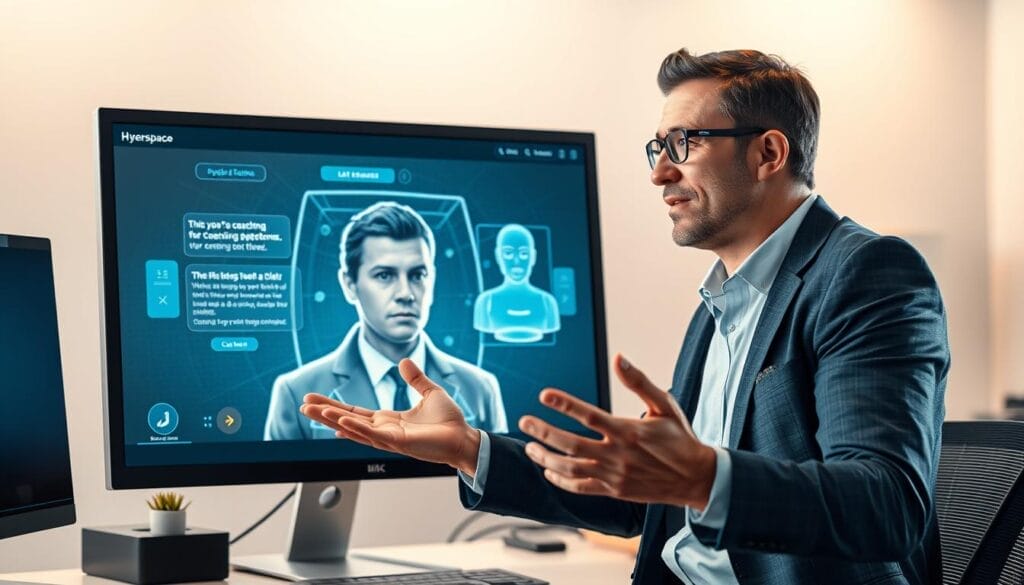 A desktop computer screen displaying a futuristic AI-powered coaching platform called "Hyperspace". In the foreground, a charismatic professional coach in business attire is gesturing animatedly while engaging with a virtual 3D holographic model of a pensive-looking executive. Soft lighting filters in from the sides, creating a warm, immersive atmosphere. The background features minimalist, yet sleek office decor, hinting at a high-tech, cutting-edge work environment. The image conveys the transformative power of AI-driven leadership development, blending human expertise with advanced digital tools.