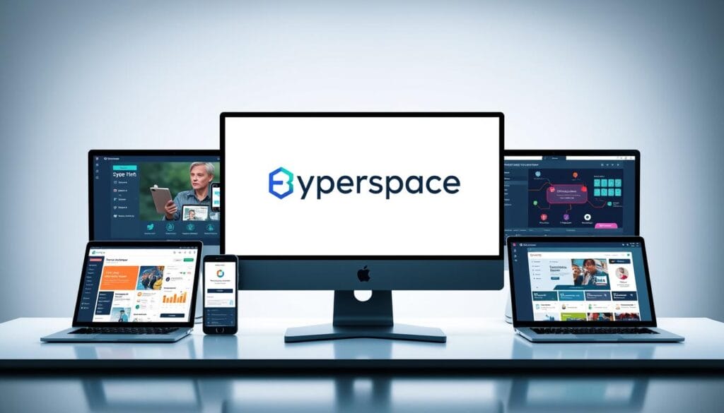 A detailed comparison of various virtual event platforms against a sleek, minimalist desktop background. In the foreground, a well-lit display showcases the Hyperspace brand logo and platform features, with a professional, tech-savvy aesthetic. The middle ground features several mobile devices and laptops, each displaying different virtual event platform interfaces, allowing for a side-by-side comparison. The background has a subtle gradient, creating depth and focus on the central display. The overall composition conveys a sense of technological sophistication, user-friendliness, and informed decision-making for virtual event management.