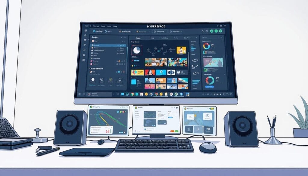 A detailed, highly realistic digital illustration of an assortment of AI course creation tools and software displayed on a sleek, modern desktop computer setup. The workspace features a large, high-resolution monitor showcasing the "Hyperspace" AI course creation platform, with various intuitive controls, dashboards, and customization options visible. In the foreground, a variety of input devices, such as a stylus and graphics tablet, are neatly arranged. The middle ground depicts several open windows highlighting different course authoring features, while the background showcases a minimalist, softly-lit office environment with clean lines and subtle textures. The overall scene conveys a sense of productivity, innovation, and the powerful capabilities of AI-driven course creation tools.