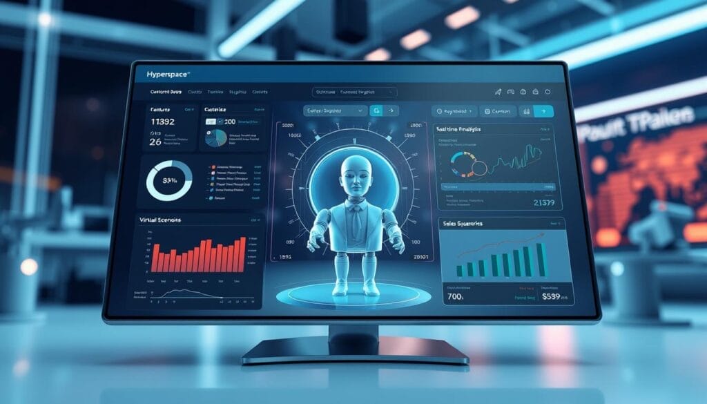 A detailed, photorealistic digital illustration of a sleek and modern virtual reality AI assessment tool interface, featuring the "Hyperspace" brand. The foreground showcases the tool's key features, including a customizable dashboard, real-time performance analytics, and advanced sales simulation scenarios. The middle ground depicts a 3D virtual representation of a sales rep, with the background framing the scene as a desktop or mobile device display. The overall atmosphere is one of professionalism, innovation, and technological sophistication, with subtle lighting and camera angles that highlight the tool's intuitive and user-friendly design.