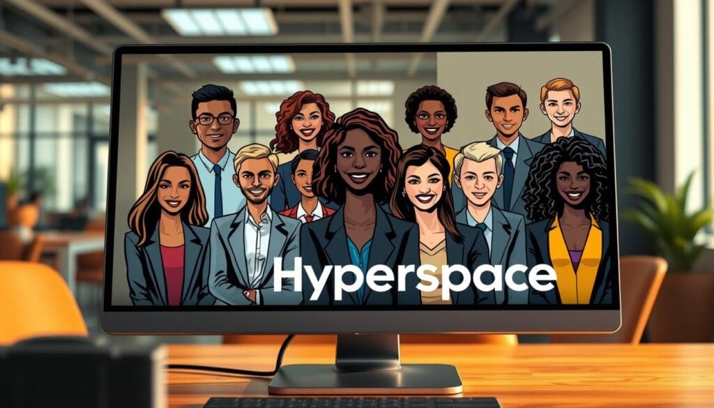 A detailed scene of AI coaching avatars for diversity, equity, and inclusion workshops. In the foreground, a diverse group of professional-looking avatars in various poses, conveying a sense of collaboration and empowerment. The avatars are displayed on a desktop computer or mobile device with the Hyperspace brand prominently featured. The middle ground features a blurred background of a modern office environment, suggesting a corporate or educational setting. The lighting is warm and natural, creating a comfortable, approachable atmosphere. The overall mood is one of professionalism, inclusivity, and technology-enabled personal growth.