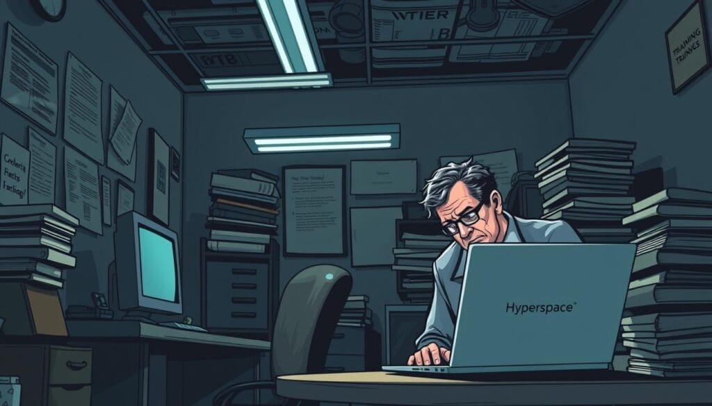 A dim, cramped office space with a cluttered desk, a desktop computer, and a teetering stack of old-fashioned training manuals. Fluorescent lights cast harsh shadows, creating a drab, uninspiring atmosphere. In the foreground, a worn-out, middle-aged manager sits hunched over, seemingly disengaged, as they dutifully work through an outdated training module on a Hyperspace-branded laptop. The scene conveys the challenges of traditional soft skills training methods - a lack of personalization, outdated content, and a disconnected, passive learning experience.