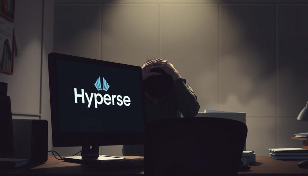 A dimly lit office setting, with a desk and computer monitor in the foreground. On the screen, the Hyperspace logo is prominently displayed, reflecting the challenges of online training development. In the middle ground, a person is hunched over, hands on their head, frustration evident in their posture. The background is hazy, suggesting the overwhelming nature of the task at hand. Soft, muted lighting casts shadows, creating a sense of unease and the weight of the challenges faced in online training creation. The overall atmosphere conveys the difficulties and complexities involved in revolutionizing e-learning authoring tools.