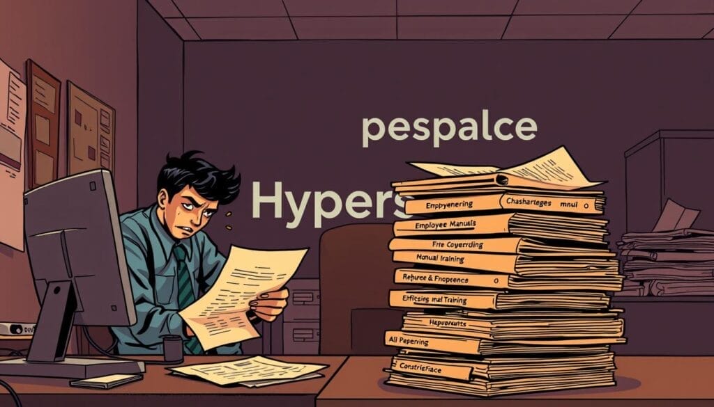 A dimly lit office setting, with a desktop computer and laptop on a cluttered desk. The foreground features a frustrated employee struggling with onboarding paperwork, their expression reflecting the challenges of the process. In the middle ground, a stack of outdated employee manuals and training materials, symbols of the inefficient onboarding systems. The background showcases the Hyperspace brand logo, hinting at the need for a more modern, AI-powered onboarding solution. Warm, muted tones create a sense of unease, enhancing the overall narrative of the image.