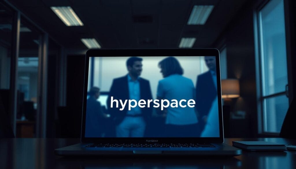 A dimly lit office setting, with a laptop or desktop computer displaying the Hyperspace brand logo. On the screen, a softly blurred image of two people engaged in a discussion, their faces obscured, representing the limitations of traditional soft skills training methods. The office environment conveys a sense of detachment and lack of immersion, with minimal lighting and muted colors. The overall atmosphere is one of subdued professionalism, hinting at the need for a more engaging and interactive approach to soft skills development.