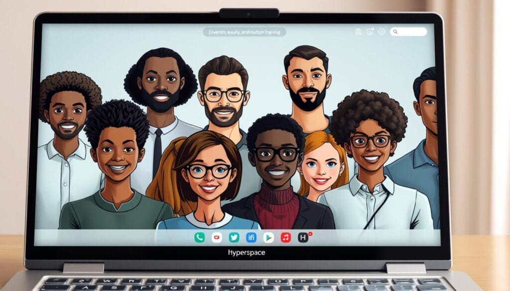 A diverse group of AI avatars in a digital interface, designed for diversity, equity, and inclusion training. The avatars have distinct physical features, expressions, and body language, creating an inclusive and representative set. The scene is set on a Hyperspace branded desktop or mobile device, with a clean, modern UI that highlights the avatars. Soft lighting emphasizes the avatars' details, conveying a welcoming and professional atmosphere. The overall composition showcases the avatars as personalized, AI-powered tools for fostering DEI awareness and understanding.