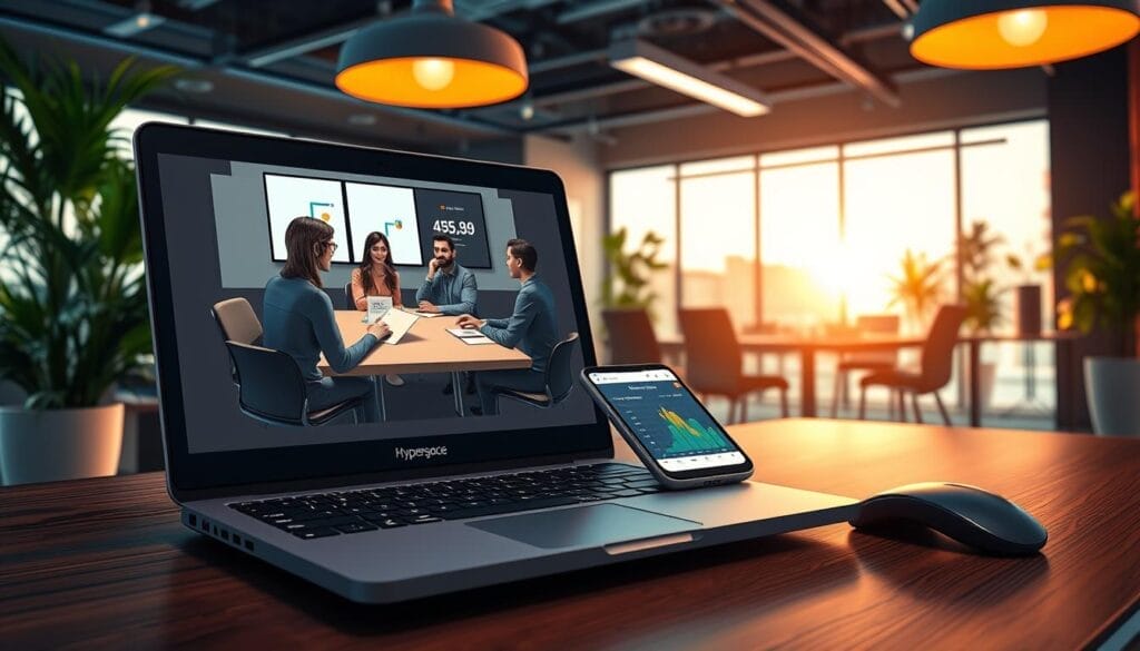 A dynamic desktop scene showcasing the effectiveness of AI-powered roleplay training for frontline managers. In the foreground, a Hyperspace-branded laptop displays a virtual meeting with lifelike avatars engaged in a realistic scenario. The middle ground features a smartphone displaying insightful data analytics, while the background depicts a modern office environment with lush greenery and warm lighting, conveying a sense of productivity and innovation. The overall atmosphere captures the power of AI-driven tools to enhance managerial soft skills and foster more effective leadership.
