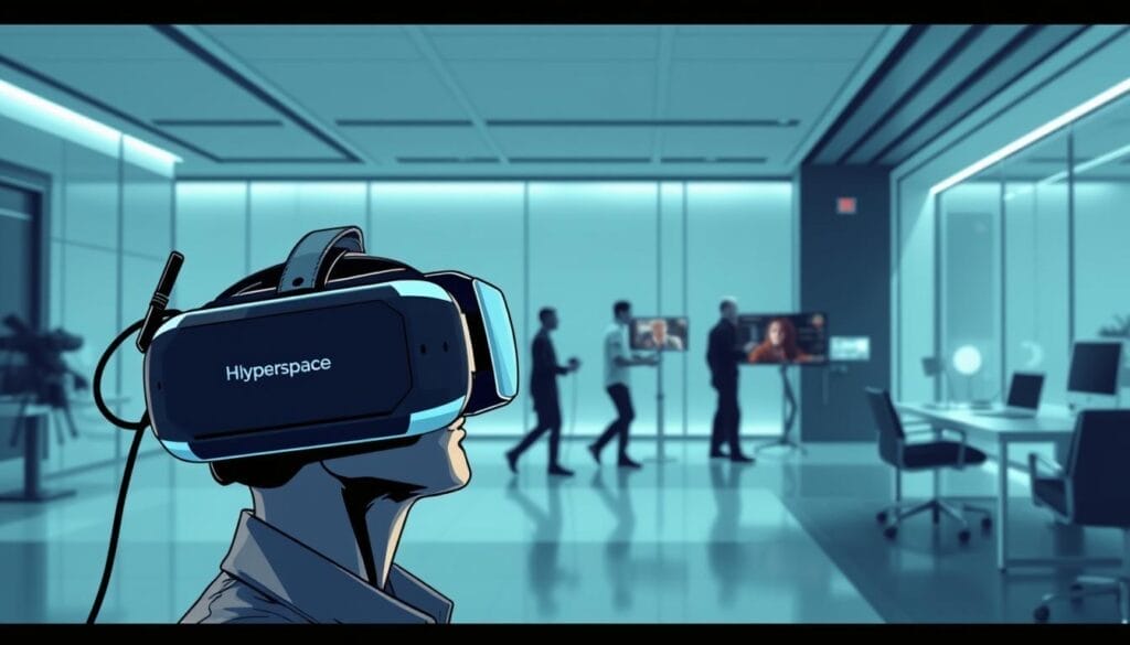 A dynamic digital landscape featuring a timeline of sales training evolution. In the foreground, a modern virtual reality headset emblazoned with the "Hyperspace" brand, immersing a sales representative in an interactive training scenario. The middle ground showcases a progression of training methods - from role-playing exercises to video-based modules, culminating in the cutting-edge VR system. The background depicts a sleek, futuristic office environment, with minimalist design elements and muted tones that evoke a sense of technological sophistication. Soft, directional lighting illuminates the scene, creating depth and emphasizing the evolution from traditional to innovative sales training approaches. The overall composition conveys the article's theme of the transition from conventional to AI-powered virtual reality assessments for sales professionals.