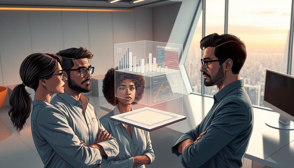 A dynamic, futuristic scene of leadership development, rendered on a sleek Hyperspace desktop interface. In the foreground, a trio of diverse, digitally-rendered leaders collaborate, their expressions focused and determined. The middle ground features a hovering 3D holographic model, showcasing data visualizations and insights. In the background, a minimalist workspace with ambient lighting and a large panoramic window overlooking a futuristic cityscape. The overall mood is one of innovation, synergy, and technological empowerment, perfectly capturing the benefits of combining AI technology with human expertise.