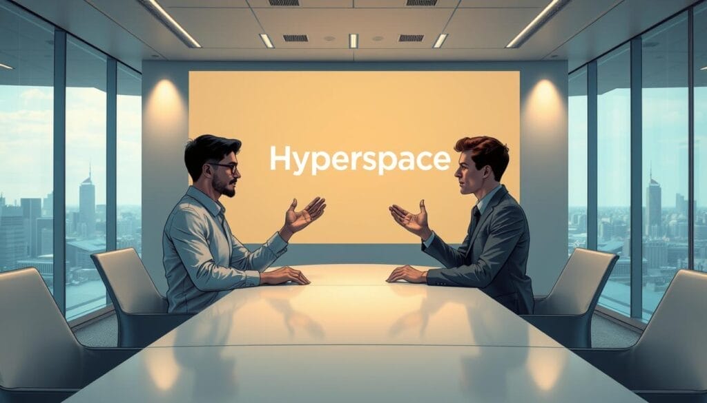 A dynamic scene of a virtual conference room with two people engaged in an AI-driven conflict resolution role-play. In the foreground, two avatars sit across a sleek, minimalist table, their expressions earnest as they gesticulate animatedly. The middle ground features a large "Hyperspace" logo projected on the wall behind them, casting a warm glow. The background depicts a serene, futuristic cityscape visible through floor-to-ceiling windows, hinting at the advanced AI technology enabling this immersive simulation. Soft, directional lighting enhances the sense of depth and professionalism. The overall mood is one of focused collaboration and productive conflict resolution.