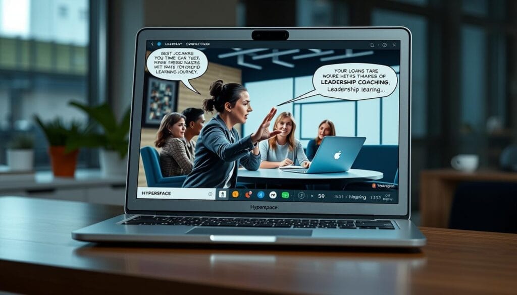 A dynamic scene of leadership coaching unfolds on a sleek, modern desktop display. In the foreground, a Hyperspace-branded laptop showcases a virtual session, with an empowering coach guiding a diverse team through a personalized learning journey. Soft lighting and a blurred background create an atmosphere of focus and collaboration. The coach's gestures and the team's engaged expressions convey the power of real-time feedback and personalized growth. The scene reflects the seamless integration of human expertise and cutting-edge technology, inspiring inclusive leadership.