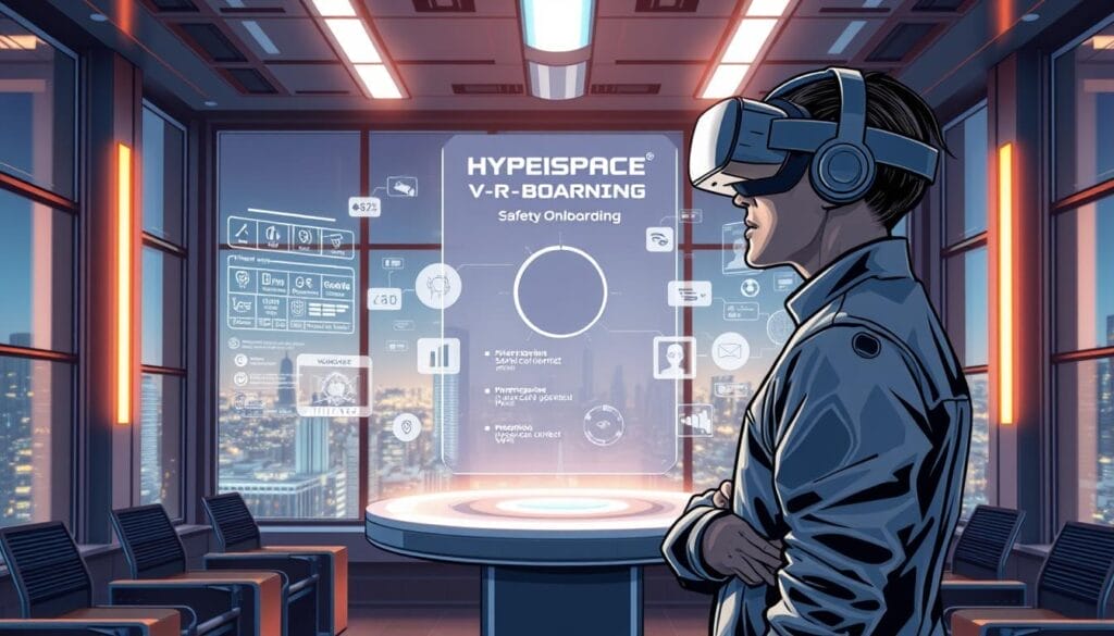 A futuristic corporate training room, with a holographic display at the center showcasing a Hyperspace VR safety onboarding experience. The trainee, wearing a sleek Hyperspace VR headset, stands surrounded by floating data visualizations and interactive modules. The room is bathed in a warm, sophisticated lighting scheme, conveying a sense of advanced technology and immersive learning. The background features floor-to-ceiling windows, providing a cityscape view, symbolizing the integration of AI-driven VR into the modern manufacturing environment. The overall scene radiates a feeling of cutting-edge innovation and seamless user experience.