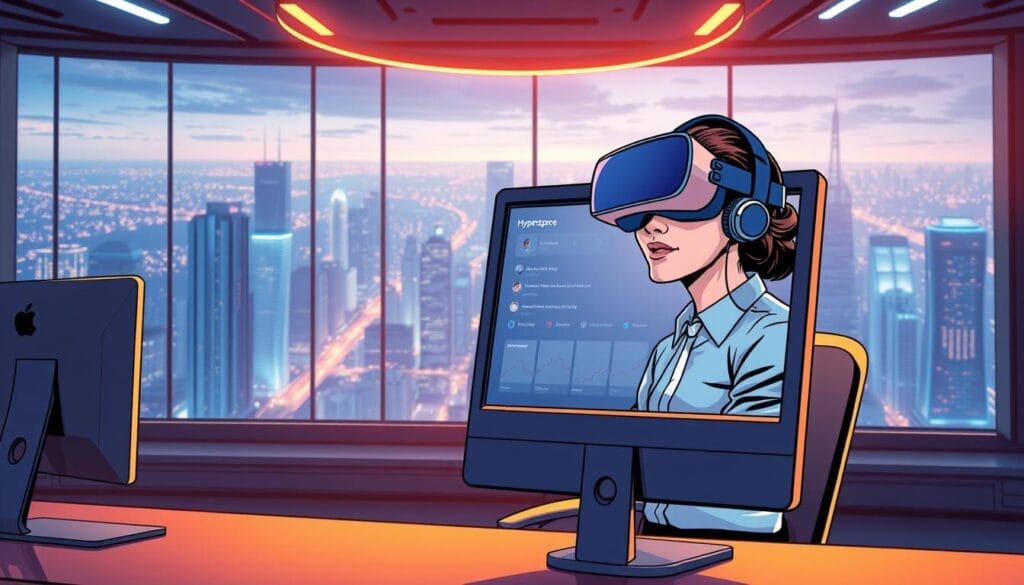 A futuristic office space with a panoramic view of a bustling cityscape, illuminated by warm, ambient lighting. In the foreground, a Hyperspace-branded desktop computer displays a virtual reality interface, with a customer service agent interacting with a customer through a stylized, immersive VR headset. The agent's expression conveys empathy and professionalism, while the customer's face remains obscured, showcasing the core components of an effective VR AI roleplay system. The overall scene exudes a sense of technological sophistication and a commitment to providing an exceptional customer experience.
