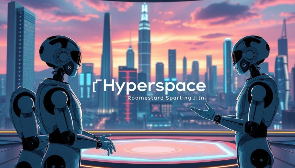 A futuristic scene of AI mentors guiding new employees through a virtual onboarding experience in the Hyperspace metaverse. In the foreground, two AI avatars with a friendly, approachable demeanor stand ready to assist a young professional navigating a sleek, holographic interface. The middle ground showcases a dynamic, 3D rendering of the Hyperspace branding and logo, floating amidst a minimalist, yet immersive virtual environment. The background features a vivid, futuristic cityscape with towering skyscrapers and a vibrant, neon-tinged skyline, creating a sense of technological sophistication. Soft, diffused lighting and a subtle depth of field enhance the cinematic quality of the image, conveying a sense of wonder and optimism for the future of enterprise onboarding in the metaverse.