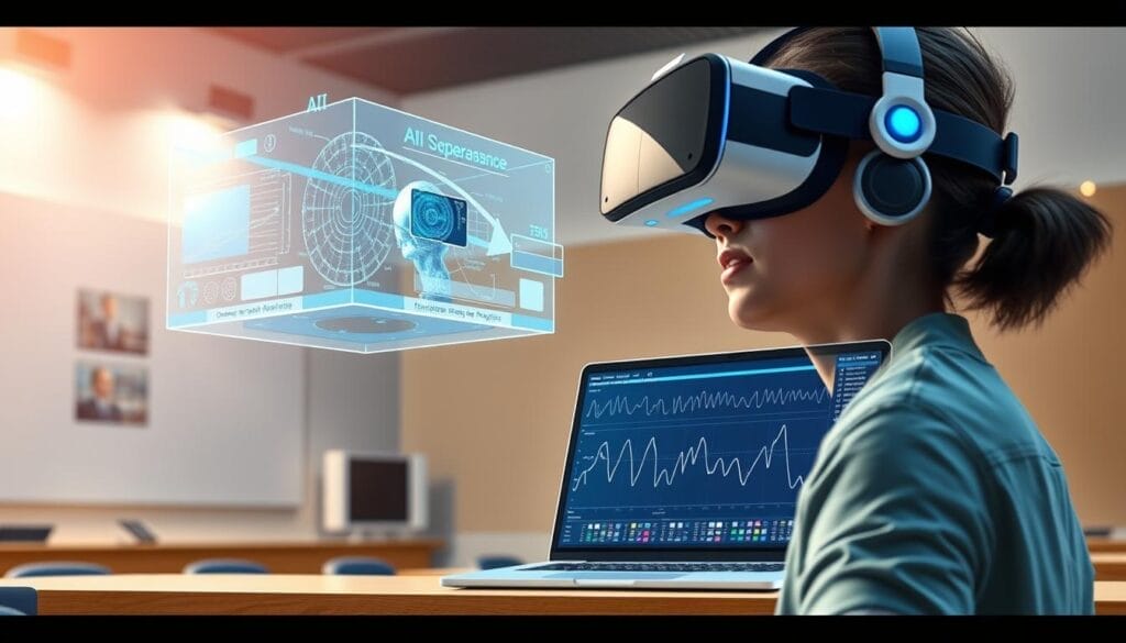 A futuristic scene of a VR learning environment, with a floating holographic display showcasing real-time AI speech analysis. In the foreground, a student wearing a Hyperspace VR headset is immersed in a virtual classroom, surrounded by digital interfaces and visualizations. The middle ground features a sleek, minimalist desktop or laptop device displaying advanced speech analytics, with layers of complex data and waveforms. The background evokes a clean, modern aesthetic, with subtle lighting and a sense of technological sophistication. Cinematic depth of field, with a focus on the key elements of AI-powered speech analysis in this VR learning experience.