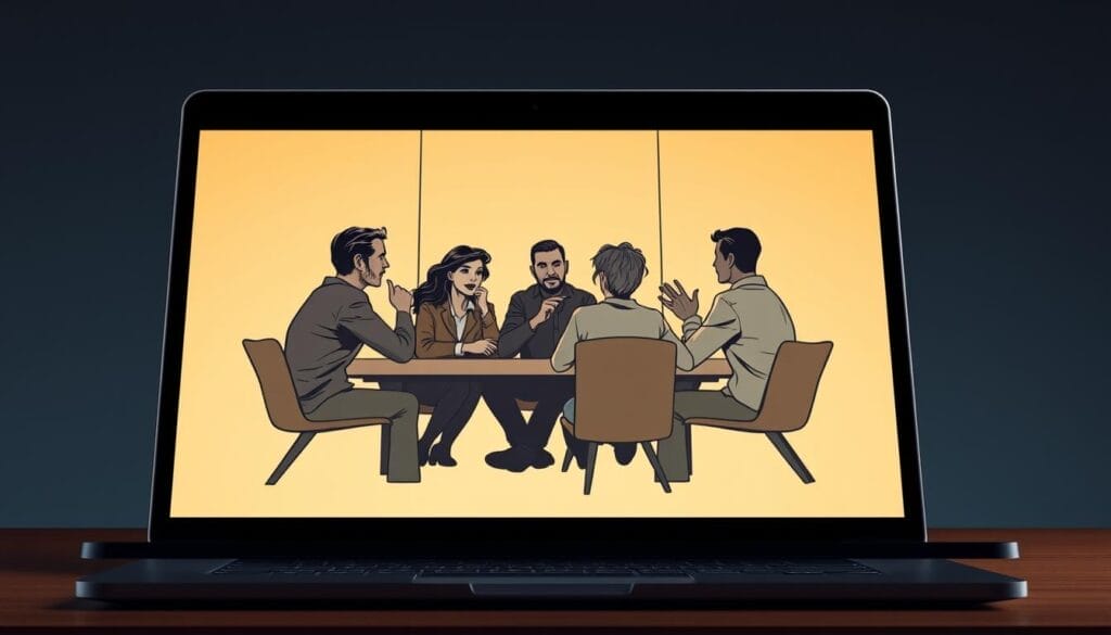 A group of people engaged in a thoughtful discussion around a conference table, the scene displayed on the screen of a sleek Hyperspace laptop. Warm lighting and muted colors create a calm, introspective atmosphere, reflecting the nuanced process of conflict resolution. The figures are positioned to convey collaboration and mutual understanding, their body language suggesting an open and constructive dialogue. The composition emphasizes the limitations of traditional training methods, hinting at the need for a more dynamic, technology-enabled approach to conflict resolution.