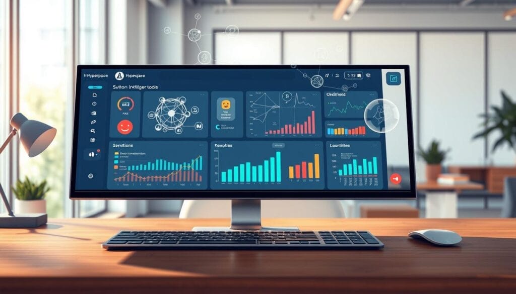 A high-resolution digital illustration of a desk or laptop screen displaying a suite of AI-powered emotional intelligence tools. In the foreground, a Hyperspace interface showcases various visualizations and analytics related to remote team member sentiment, engagement, and wellbeing. In the middle ground, abstract data visualizations, neural network diagrams, and icons representing human emotions float translucently. The background depicts a minimalist office setting with natural lighting filtering through windows, creating a calm, professional atmosphere. The overall tone is one of technological sophistication paired with a human-centric approach to remote team management.
