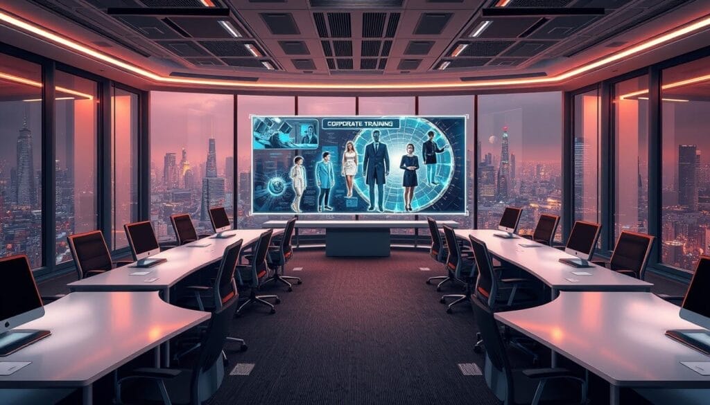 A high-tech corporate training room, with sleek desks and futuristic chairs arranged in a semi-circle. In the center, a holographic display showcases a timeline of corporate training evolution, from chalk and blackboards to Hyperspace's cutting-edge virtual human co-facilitators. The room is bathed in a warm, ambient lighting, with floor-to-ceiling windows offering a panoramic view of a futuristic city skyline. The overall atmosphere conveys a sense of progress, innovation, and transformation in the world of corporate training.