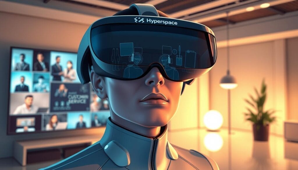 A high-tech customer service training simulation takes place on a sleek, futuristic device with the "Hyperspace" brand logo. The scene depicts a virtual reality headset, its lenses reflecting the holographic simulation of a customer service interaction. The background features a stylish, minimalist office environment with a large display screen showcasing various customer service scenarios. Soft, ambient lighting creates a professional, immersive atmosphere, while the device's modern, seamless design conveys a sense of cutting-edge technology revolutionizing the way customer service skills are developed and honed.
