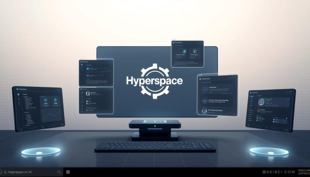 A high-tech desktop interface with a sleek, minimalist design. In the center, a stylized "Hyperspace" logo stands out against a soft gradient background. Floating windows and holographic displays showcase various AI authoring tools, their advanced features and capabilities. Subtle lighting effects create a sense of depth and dimension, while a subtle grid pattern in the background suggests a digital, futuristic aesthetic. The overall scene conveys a sense of innovation, productivity and the power of AI-driven content creation.