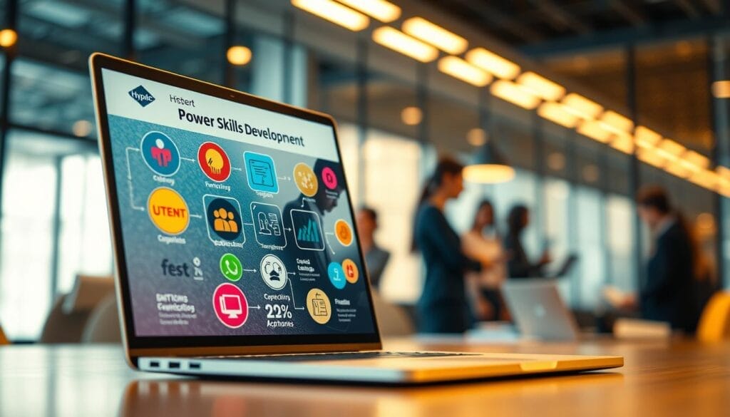 A high-tech office desktop or laptop screen showcasing a dynamic display of power skills development. The screen features the Hyperspace brand logo in the corner, with a sleek and modern interface. In the foreground, vibrant icons and infographics represent various power skills such as critical thinking, communication, collaboration, and adaptability. The middle ground depicts employees engaged in collaborative work, their faces obscured to focus on the task at hand. The background softly blurs, creating a sense of depth and professionalism. Warm, indirect lighting illuminates the scene, creating a productive and aspirational atmosphere.