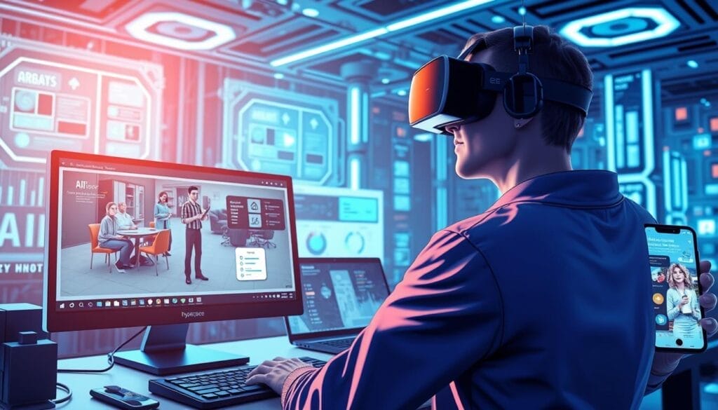A high-tech virtual environment, illuminated by glowing interfaces and holographic displays. In the foreground, a desktop computer screen shows a Hyperspace-branded VR compliance training scenario, with interactive 3D avatars engaged in realistic workplace situations. The middle ground features a laptop displaying analytics dashboards, visualizing AI-powered insights on user performance and risk factors. In the background, a mobile phone showcases additional VR compliance content, immersing the viewer in a seamless, technology-driven compliance training experience.