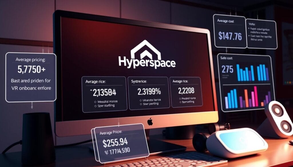 A high-tech virtual reality interface, with a sleek "Hyperspace" brand logo prominently displayed on a desktop computer screen. The scene depicts various cost metrics and data visualizations, showcasing the average pricing ranges for VR onboarding solutions. Soft lighting from the side creates depth and highlights the 3D elements. The overall atmosphere conveys a sense of technological sophistication and data-driven decision making.