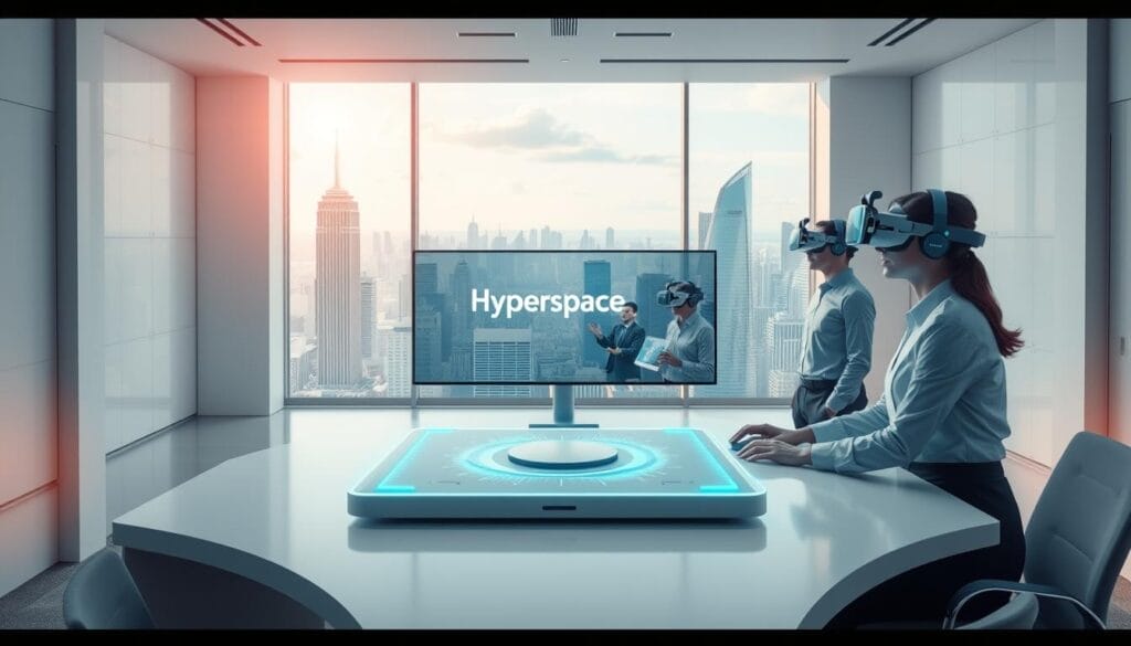 A highly detailed, photorealistic virtual reality training environment set in a modern, minimalist office space. In the foreground, a sleek, holographic control panel hovers above a stylish white desk. Employees are immersed in VR headsets, their movements reflected on a large monitor displaying the "Hyperspace" logo. The middle ground features a panoramic view of the training simulation, with towering skyscrapers and a bustling cityscape visible through floor-to-ceiling windows. Soft, indirect lighting creates a calming, professional atmosphere, while a subtle depth of field effect draws the viewer's focus to the central VR setup. The overall scene conveys the power and effectiveness of Hyperspace's cutting-edge virtual reality training software.