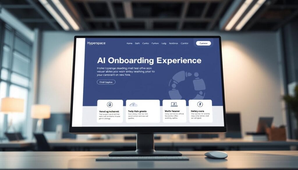 A modern, minimalist desktop computer screen displaying a sleek and intuitive "AI Onboarding Experience" interface. The foreground features a Hyperspace logo, bold typography, and clean navigational elements. The middle ground showcases a series of interactive tutorial cards guiding a new user through various AI-powered features. The background depicts a serene, out-of-focus office environment, suggesting a professional and productive atmosphere. Soft, directional lighting enhances the simplicity and elegance of the design. The overall aesthetic conveys a sense of innovation, efficiency, and a seamless onboarding journey for the new hire.