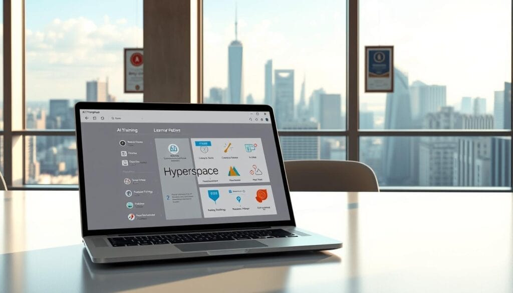 A modern, minimalist office space with large windows overlooking a bustling city skyline. In the foreground, a sleek, stylish laptop displays the "Hyperspace" brand logo, open to an interactive AI training module for hospitality staff. Crisp lighting illuminates the scene, creating a professional yet welcoming atmosphere. The training interface showcases intuitive menus, informative graphics, and personalized learning paths. In the background, framed certificates and awards hint at the company's expertise in AI-driven hospitality solutions. The overall impression conveys an innovative, future-focused approach to staff development and customer service.