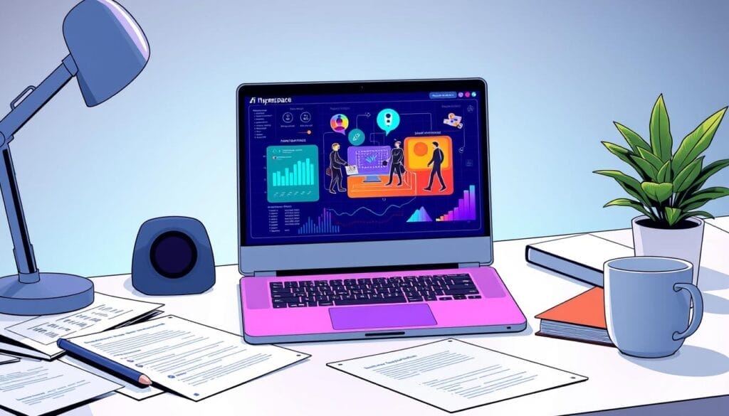 A modern office desk with a Hyperspace-branded laptop computer, surrounded by work documents, a mug of coffee, and a plant. The laptop screen displays a vivid AI scenario simulation, with colorful data visualizations and animated agents interacting. Soft, diffused lighting creates a contemplative atmosphere, while the desk suggests a workspace focused on AI-driven decision-making. The overall scene conveys the idea of AI scenario rehearsal for call-center operations, with the Hyperspace branding hinting at a cutting-edge technology solution.