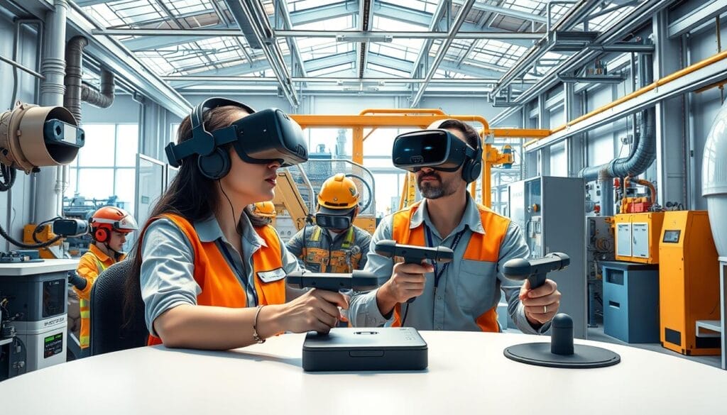 A modern virtual reality training room with sleek Hyperspace VR headsets and hand controllers on a desktop. Trainees immersed in a realistic, industrial safety scenario, surrounded by detailed machinery and safety equipment. Bright, natural lighting floods the space, creating a sense of openness and professionalism. The scene conveys an engaging, cutting-edge VR experience that prioritizes employee wellbeing and skill development.