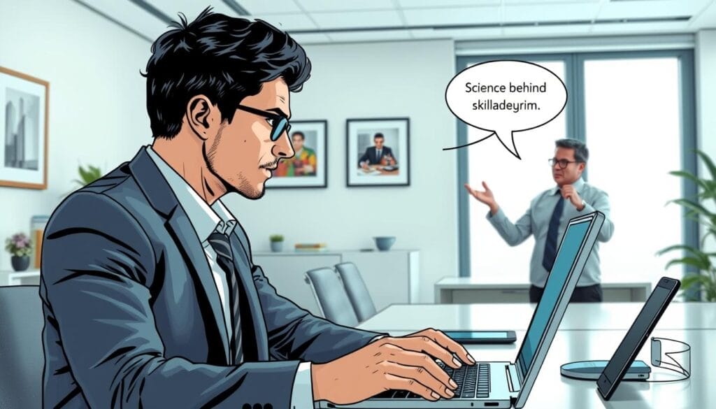A modern, well-lit office interior with a desk, laptop, and mobile phone prominently featured. In the foreground, a person in business attire is engaged in thoughtful study, their gaze intent on the Hyperspace-branded laptop screen. The middle ground shows a second person gesturing animatedly, explaining a concept. The background features tasteful, minimalist decor, suggesting a professional yet creative environment conducive to learning and collaboration. The overall mood is one of productive focus, with a touch of dynamism to convey the "science behind effective skill acquisition."