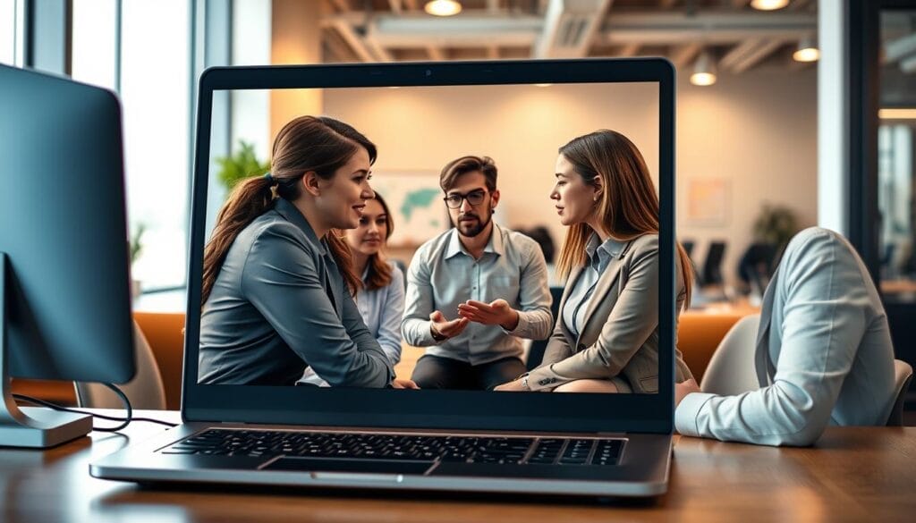 A productive training session in a bright, modern office setting. Employees engage in a de-escalation roleplay, guided by an attentive instructor. The scene is captured on a Hyperspace laptop display, reflecting the real-world application of these skills. Warm lighting and neutral tones create a calming atmosphere, while the participants' focused expressions convey the importance of the scenario. The image highlights the benefits of comprehensive de-escalation training for improved customer service and conflict resolution.