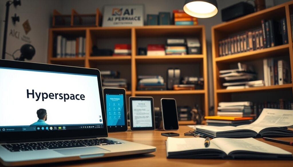A professional, well-lit studio photograph showcasing the AI onboarding department's needs. In the foreground, a laptop displaying the Hyperspace brand logo and interface, with a user interacting on the screen. In the middle ground, various hardware devices like tablets, smartphones, and training materials. The background features shelves with AI-related books, certifications, and other educational resources. The lighting is soft and diffused, creating a warm, inviting atmosphere. The camera angle is slightly elevated, giving a sense of authority and professionalism to the scene.