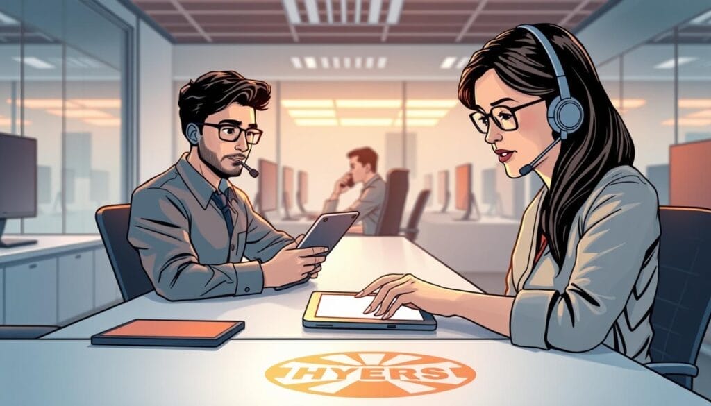 A serene call center workspace with a Hyperspace logo on the desk's surface. The foreground features a customer service agent calmly listening and taking notes on a tablet, their expression relaxed and professional. The middle ground showcases a customer on the phone, their body language open and their face lit by the warm glow of the Hyperspace interface. In the background, the call center is bathed in soft, diffused lighting, creating a sense of tranquility. The scene conveys the principles of de-escalation - active listening, empathy, and a focus on problem-solving over confrontation.