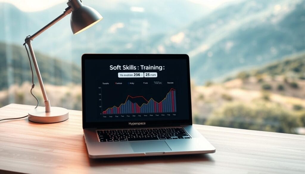 A serene desktop workspace showcasing a Hyperspace brand laptop displaying a visualization of "Soft Skills Training Measurement" on the screen. The laptop is positioned on a minimalist, light-colored wooden desk, accompanied by a modern desk lamp providing warm, directional lighting. The background features a blurred, natural landscape, evoking a sense of tranquility and focus. The overall atmosphere conveys a professional yet thoughtful environment, suitable for contemplating the evolution of soft skills training analytics.