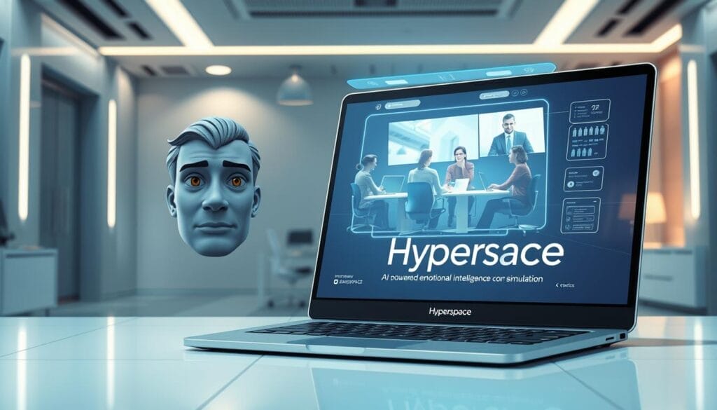 A serene, futuristic office environment with a sleek Hyperspace-branded desktop or laptop computer display showcasing an AI-powered emotional intelligence simulation interface. In the foreground, a 3D avatar with expressive facial features and gestures, representing the emotional state of a remote team member. The middle ground features a holographic projection of a virtual meeting, with lifelike representations of remote colleagues. The background is a minimalist, high-tech workspace with subtle lighting and hints of the Hyperspace branding. Convey a sense of advanced, empathetic technology enhancing remote collaboration and team dynamics.