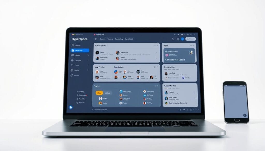A sleek and modern AI onboarding platform interface, set against a minimalist white background. In the foreground, a laptop or desktop computer displays the "Hyperspace" brand name prominently, showcasing an intuitive dashboard with customizable widgets, user profiles, and onboarding workflow tools. In the middle ground, a mobile device highlights the platform's responsive design and seamless cross-device experience. The overall lighting is soft and diffused, creating a professional and polished atmosphere. The composition emphasizes the platform's ease of use, flexibility, and enterprise-ready capabilities.