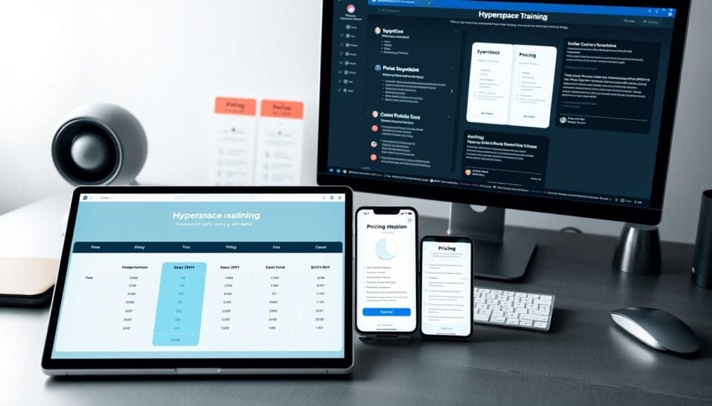 A sleek and modern desk setup showcasing various pricing models for the Hyperspace interactive training software. In the foreground, a laptop displays a pricing chart with different tiers and subscription options. In the middle ground, a mobile device presents a mobile-optimized pricing page. The background features a desktop computer with a detailed breakdown of the pricing structure. Soft lighting and an uncluttered, minimalist aesthetic create a professional and informative atmosphere. The overall composition emphasizes the clarity and flexibility of Hyperspace's pricing models.