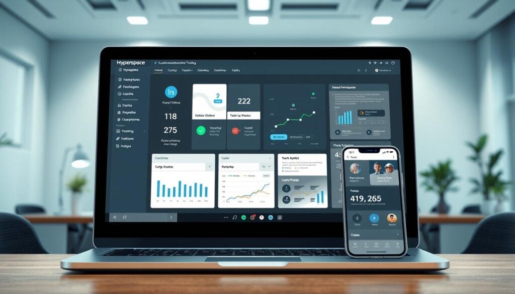 A sleek and modern desktop interface showcasing the "Hyperspace" interactive training software. In the foreground, a laptop screen displays a clean and intuitive user interface with customizable widgets, charts, and interactive modules. The middle ground features a mobile device with the same software, demonstrating its cross-platform compatibility. The background showcases a minimalist office setting with subtle lighting, creating a professional and productive atmosphere. The overall aesthetic conveys a sense of efficiency, engagement, and a seamless digital learning experience.