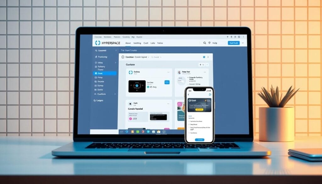 A sleek and modern desktop interface showcasing the key features of the Hyperspace AI Course Builder. In the foreground, a laptop screen displays the Hyperspace logo, with a clean and intuitive course creation dashboard. In the middle ground, a mobile device highlights the responsive design and mobile-friendly course experience. The background features a subtle grid pattern, conveying a sense of structure and organization. The overall scene is bathed in a warm, soft lighting, creating a professional and inviting atmosphere. The image should inspire confidence in the Hyperspace platform's ability to simplify the course building process.