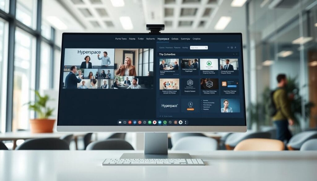A sleek and modern hybrid event platform displayed on a desktop screen. The platform's interface features the "Hyperspace" brand name, showcasing a clean and intuitive design. In the foreground, a large video conference call is happening, with multiple participants visible. In the middle ground, various event management tools and features are neatly organized, including scheduling, registration, and networking options. The background depicts a blurred, professional-looking office setting, creating a sense of a seamless, integrated event experience. The lighting is soft and natural, giving the image a polished and inviting atmosphere.