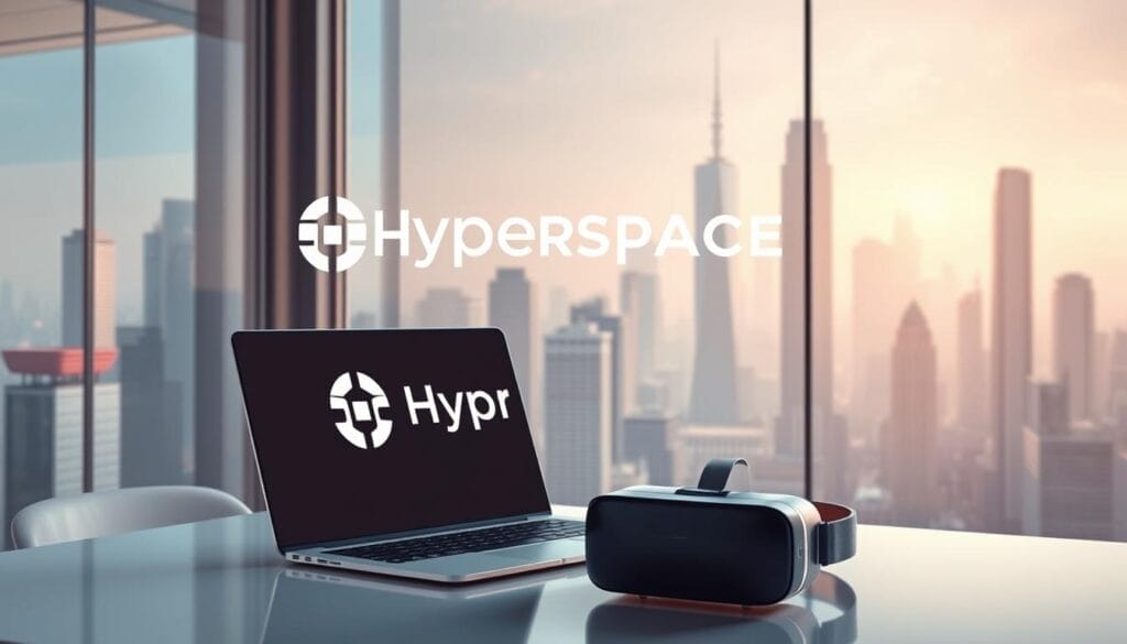 A sleek and modern workspace with a laptop, tablet, and VR headset prominently displayed. The lighting is soft and diffused, creating a cozy and inviting atmosphere. The background features a futuristic and ethereal cityscape, with towering skyscrapers and a hazy, dreamlike quality. The Hyperspace logo is subtly incorporated into the design, suggesting the immersive and cutting-edge nature of the learning software. The overall composition evokes a sense of technological innovation and the seamless integration of physical and digital realms, perfectly capturing the essence of "Understanding the Power of Immersive Learning".