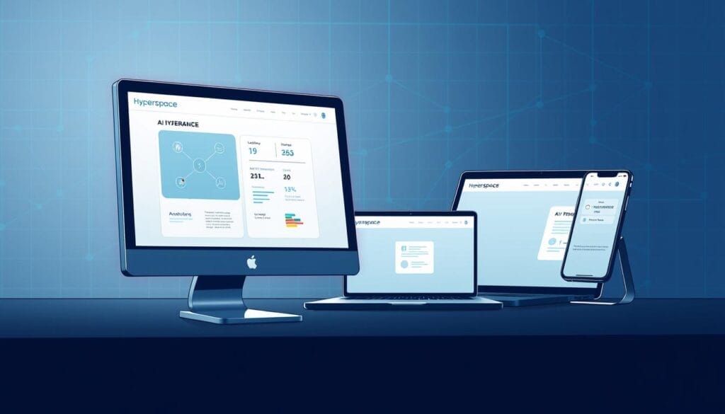 A sleek and sophisticated AI-powered onboarding platform, showcasing the Hyperspace brand. In the foreground, a desktop computer displays the intuitive user interface, with clean lines and a minimalist aesthetic. The middle ground features a laptop and a smartphone, highlighting the platform's responsive design and cross-device functionality. The background exudes a professional, high-tech atmosphere, with a subtle grid pattern and subtle lighting effects that create a sense of technological advancement. The overall mood conveys efficiency, automation, and the seamless integration of artificial intelligence into the onboarding experience.