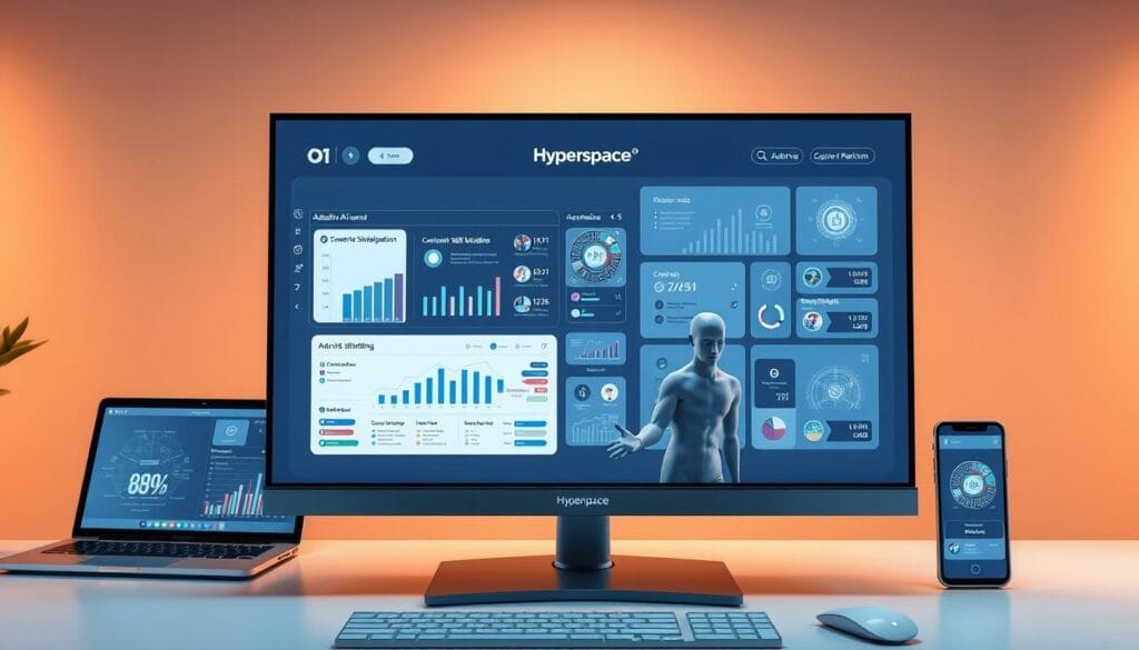 A sleek desktop computer display showcases an adaptive AI-powered skills development interface. The interface features the "Hyperspace" brand prominently, with a clean and modern UI design. In the foreground, a lifelike 3D model of a person interacts with dynamic data visualizations, charts, and customizable skill-building modules. The middle ground depicts a laptop and mobile device mirroring the desktop view, emphasizing the cross-device adaptability. The background is a minimalist workspace setting, with warm lighting and subtle gradients creating a focused, productive atmosphere. The overall scene conveys the transformative power of adaptive AI in empowering personalized professional growth and skills mastery.